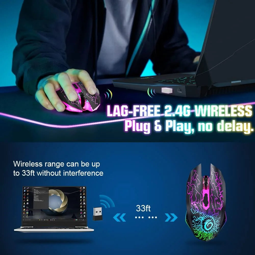 . Wireless Gaming Mouse with RGB Colorful LED Lights, Silent Click, 2.4G USB Nano Receiver, 3 Level DPI for PC Mac XBOX