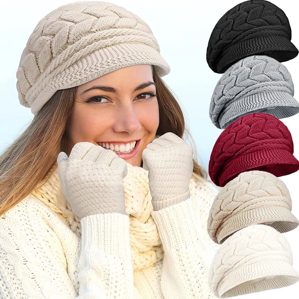 Womens Winter Beanie Hat Warm Knitted Slouchy Wool Hats Cap with Visor