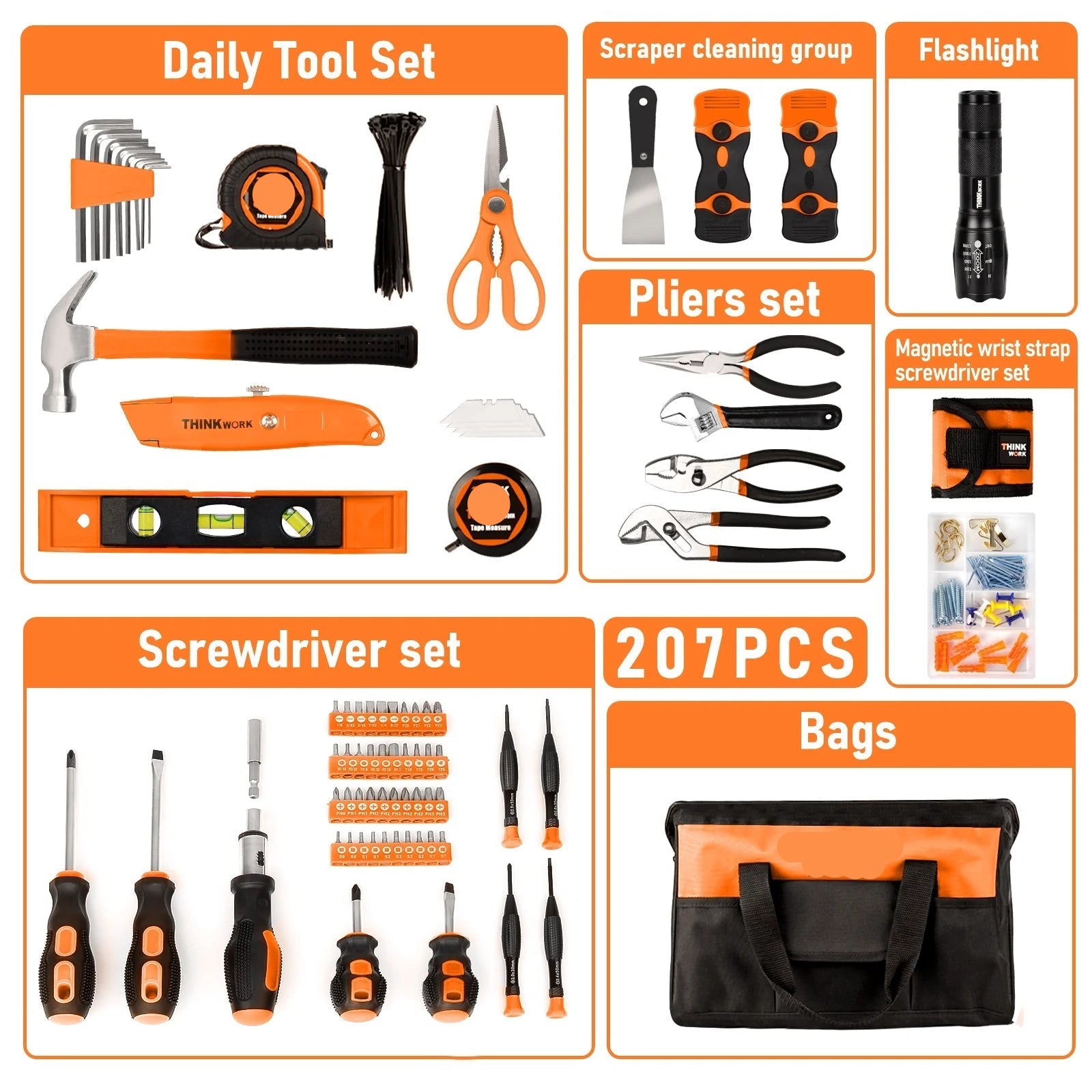 Orange Tool Set - 207 Piece Portable Home Repairing Tool Kit