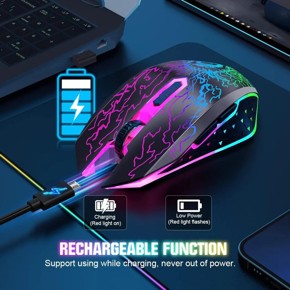 . Wireless Gaming Mouse with RGB Colorful LED Lights, Silent Click, 2.4G USB Nano Receiver, 3 Level DPI for PC Mac XBOX