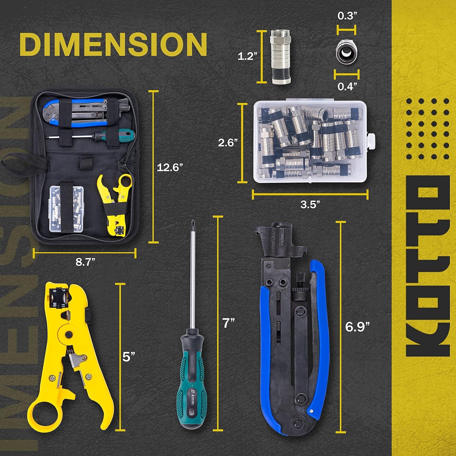 KOTTO Coax Cable Crimper Kit, Compression Tool Coax Adjustable RG6 RG59 RG11 75-5 75-7 Coaxial Cable Stripper with 20 PCS F Compression Connectors