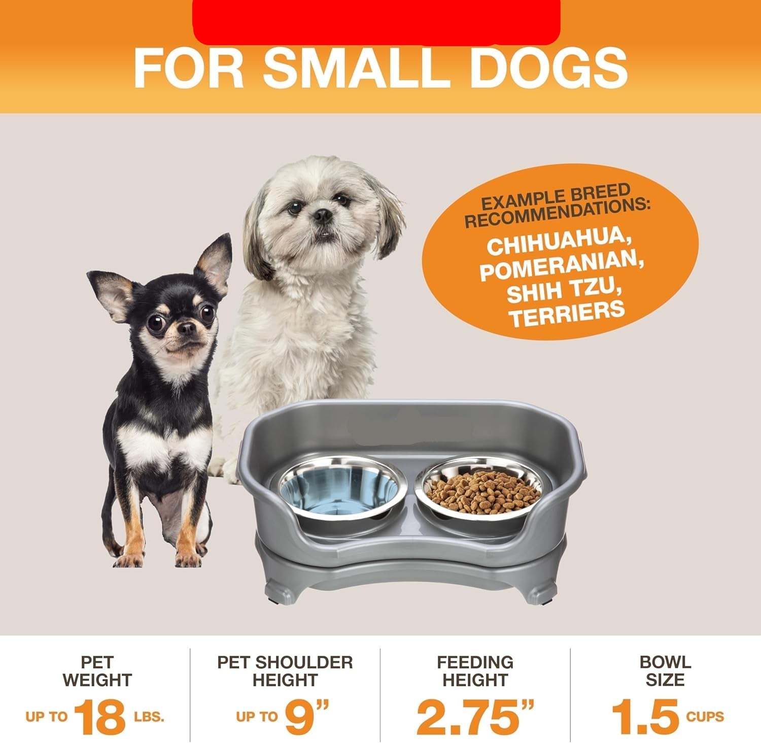 Express Small Mess Proof Feeder for Small Dogs, 1.5 Cup Stainless Steel Bowls, No Spill, Non-Tip, Non-Slip Dog Bowls. Made in USA