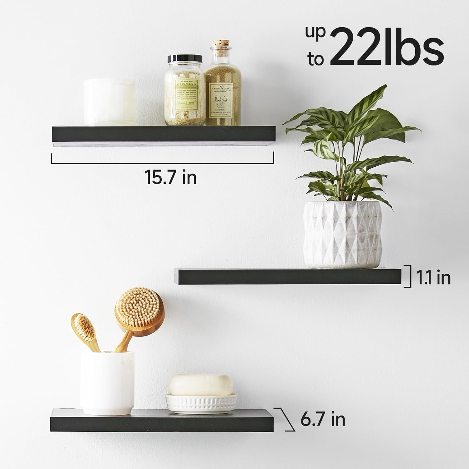 Floating Shelves for Wall, Wall Mounted Rustic Wood Shelves for Bathroom, Bedroom, Living Room, Kitchen, Hanging Shelf for Books/Storage/Room Decor with 22Lbs Capacity (Black, Set of 3, 16In)