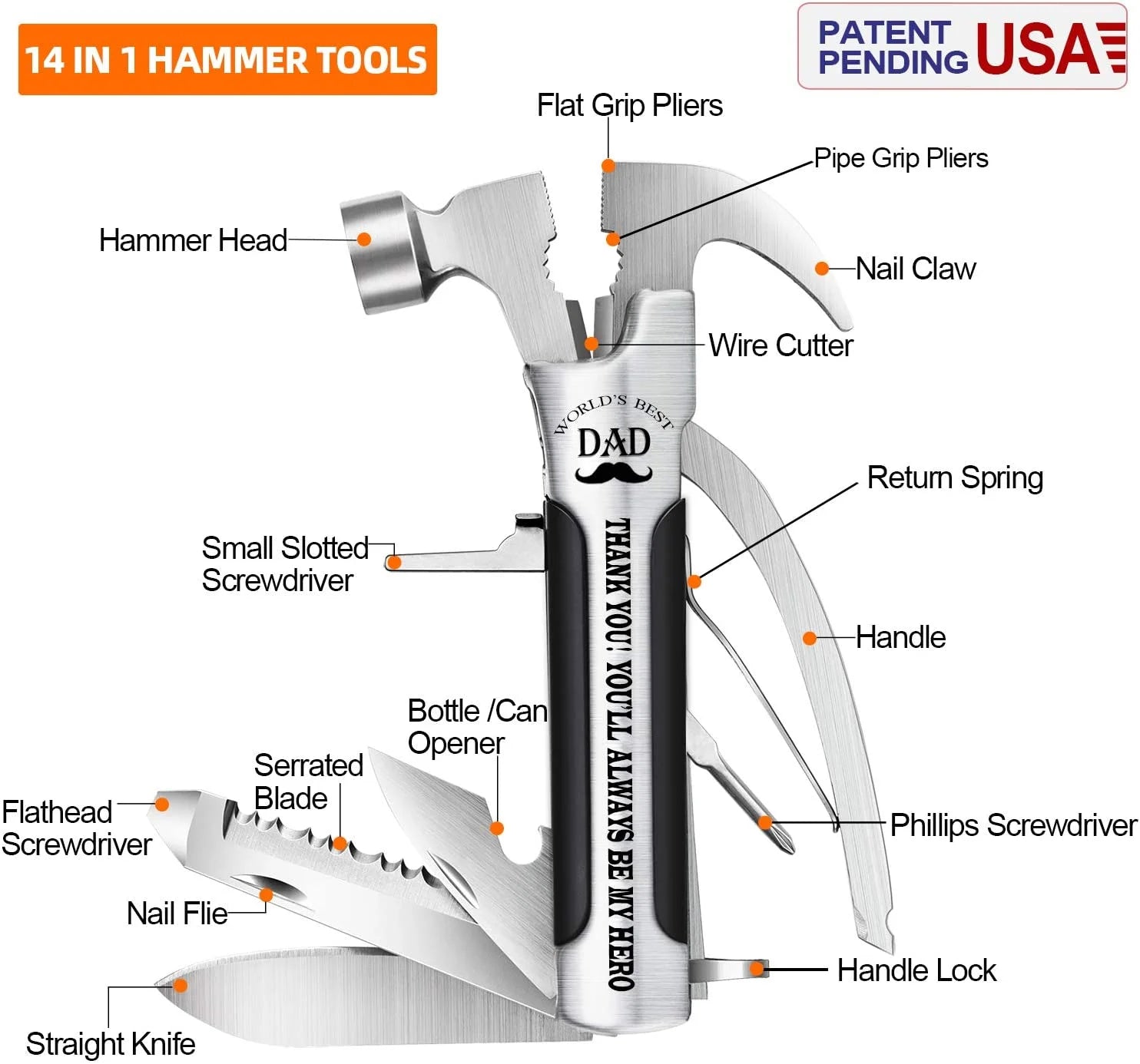 All in One Survival Tools Small Hammer Multitool, Father'S Day, Unique Gifts for Dad from Daughter Son Kids, Birthday Gift Ideas for Dad Stepdad Men Him, Cool Gadgets for Men