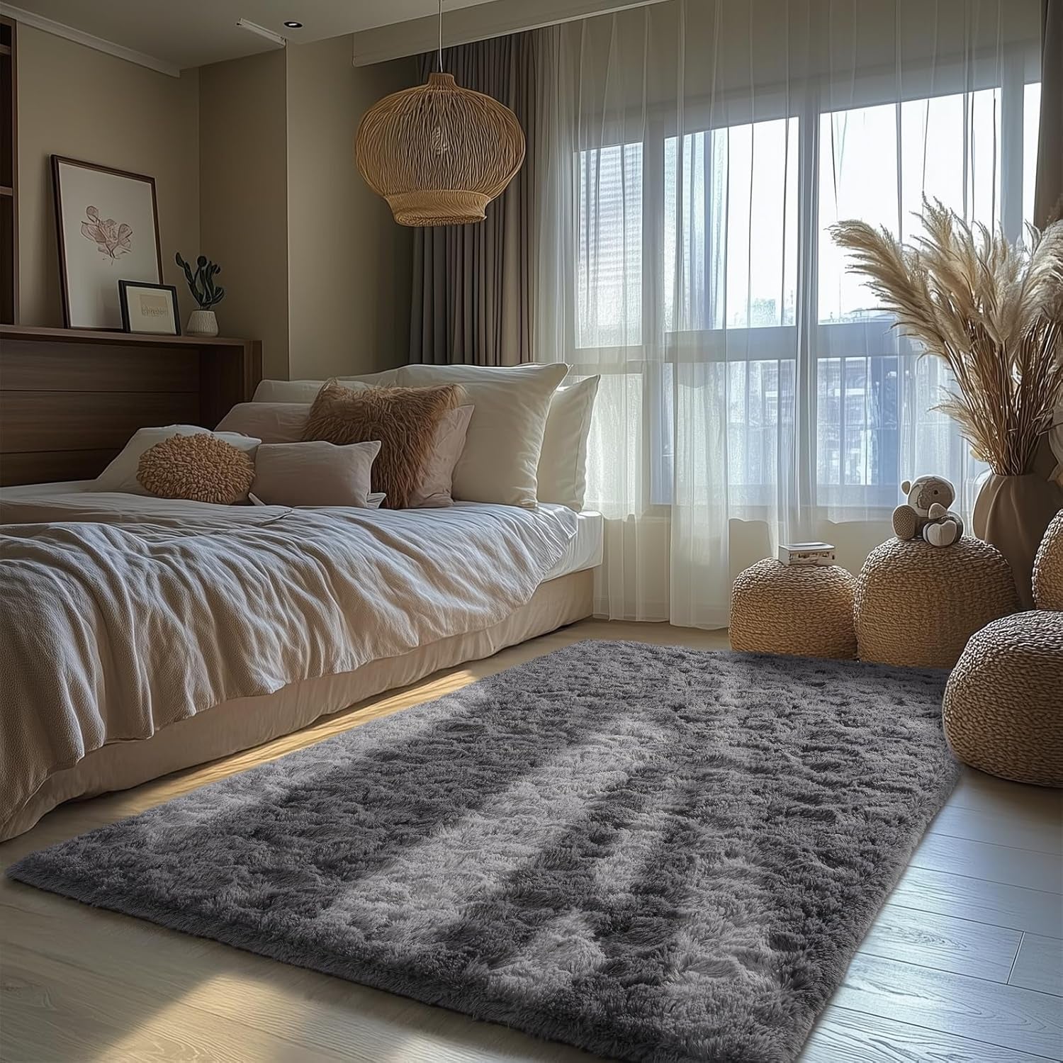 Grey Area Rug for Living Room Bedroom 4X6 Soft Fluffy Fuzzy Furry Shaggy Aesthetic Carpet Plush High Pile Floor Throw Rug for Nursery Kids Room Dorm Room