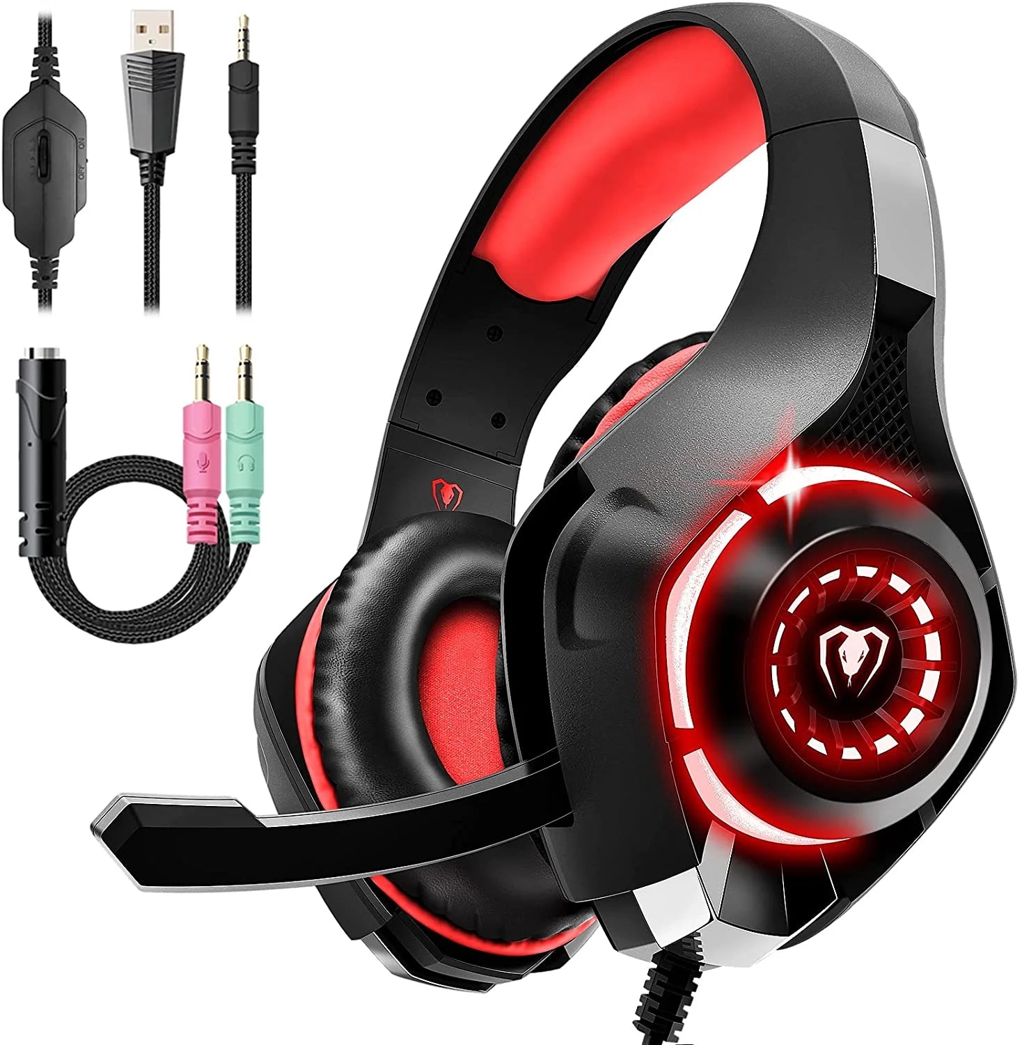 Gaming Headsets for PS5 PS4 Xbox One, Gaming Headphones with Noise Canceling Microphone Surround Sound & LED RGB Light for PC Laptop Headband Headphones Red