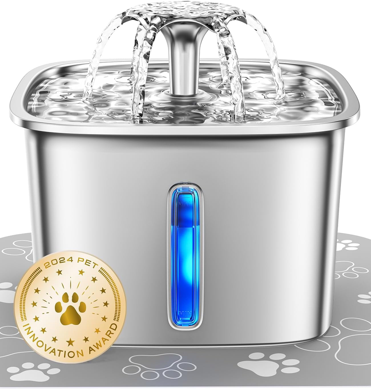 Innovation Award Winner Stainless Steel Cat Water Fountain, 95Oz/2.8L Automatic Pet Fountain Dog Water Dispenser with Replacement Filters & Silicone Mat for Cats, Dogs, Multiple Pets (Silver)