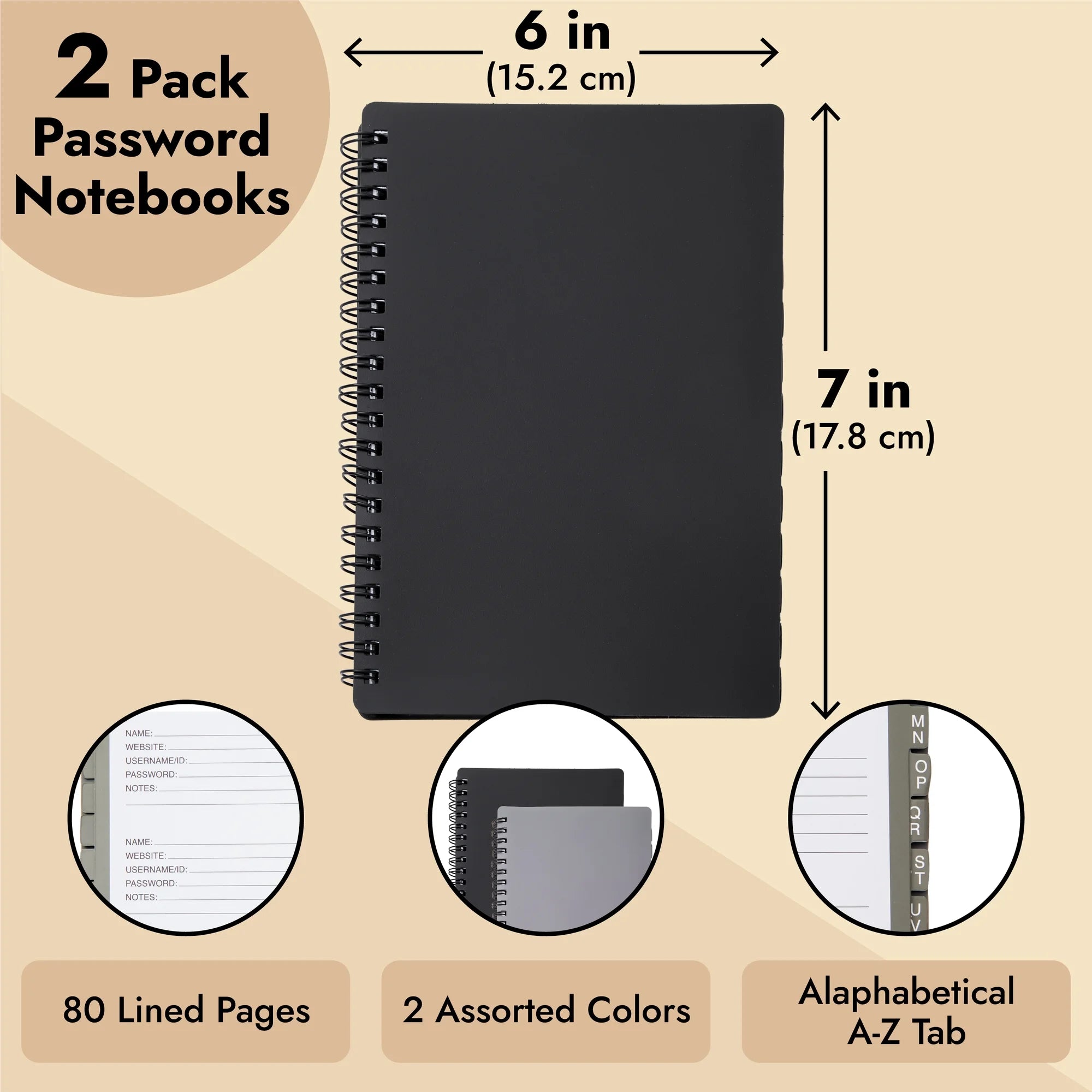 2-Pack Spiral Password Keeper Book with Alphabetical Tabs, Password Notebook for Internet and Computer Login, Username, Passwords for Home, Office, Gray/Black (80 Lined Pages, 5X7 In)