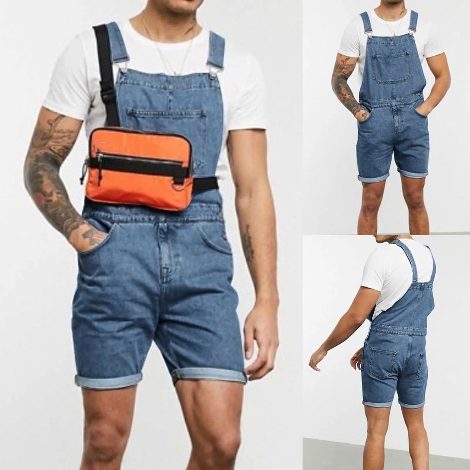 Men Cargo Jumpsuit Denim Shorts Bib Overalls Jeans Summer Casual Outdoor Jumpsuits with Pockets Basic Solid Color Rompers Deals of the Day Lightning Deals Light Blue XL