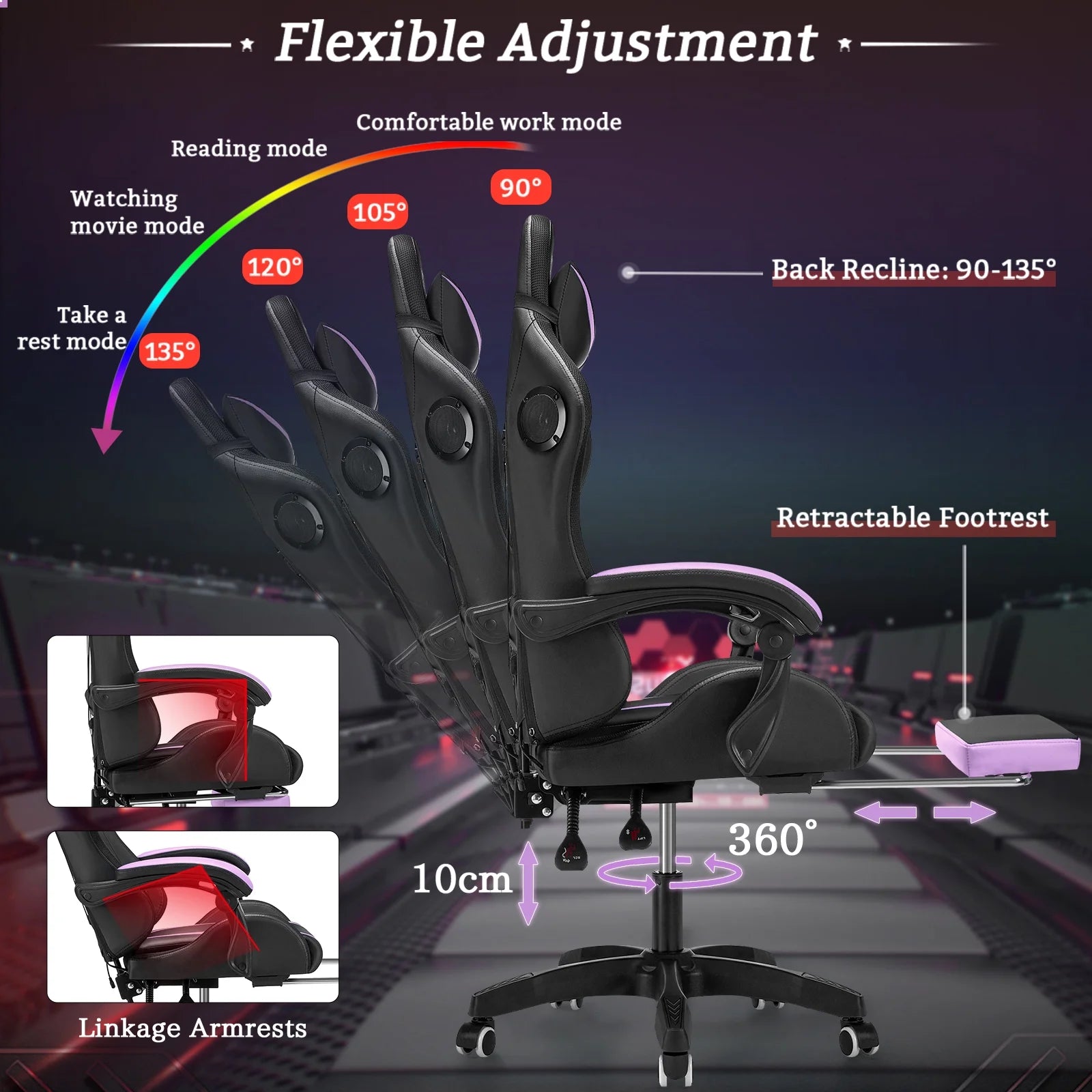 Gaming Chair with Bluetooth Speakers Office Chair with Footrest and LED Lights Ergonomic Gaming Chairs High Back with Lumbar Support and Headrest Adjustable Swivel for Home Office,300Lb