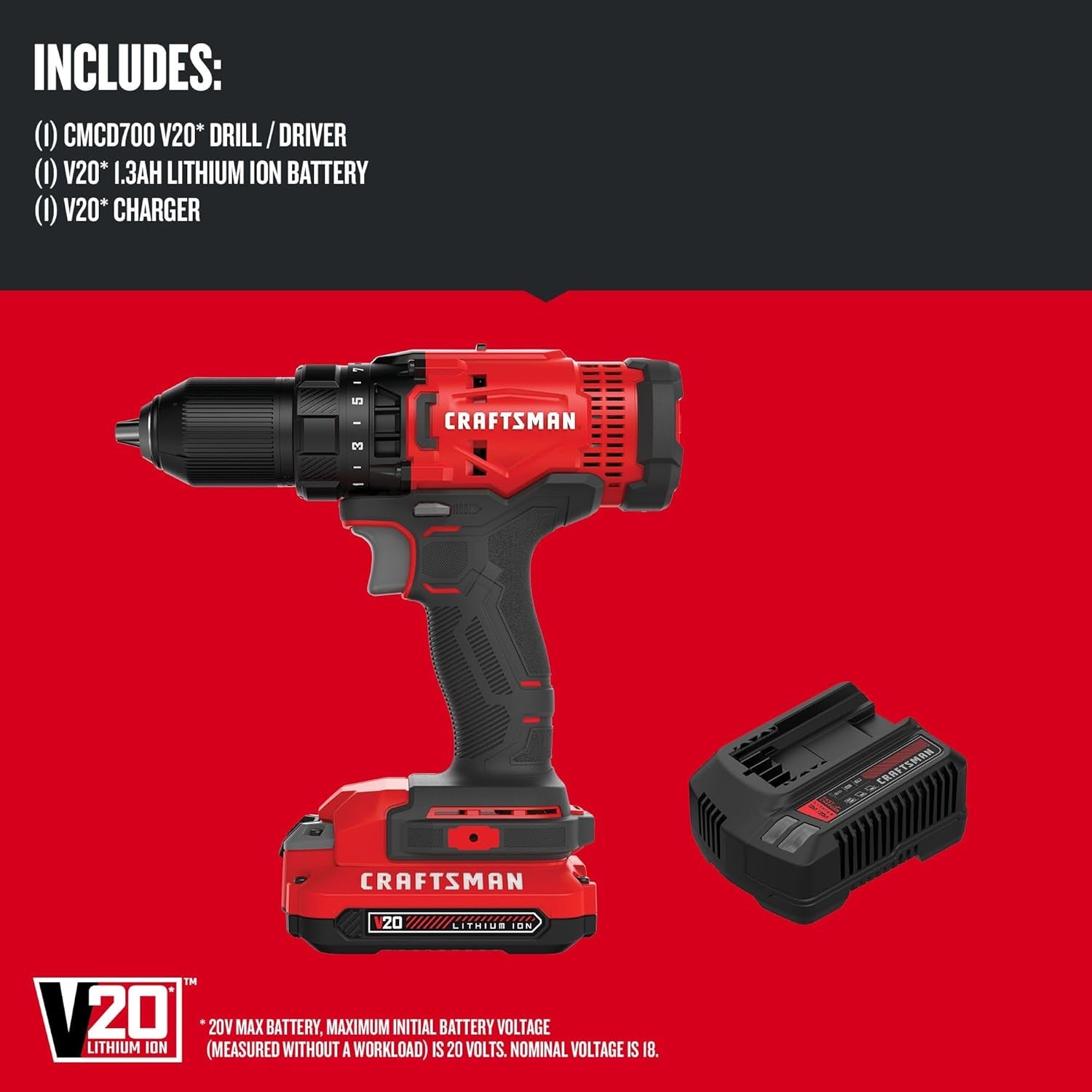 V20 Cordless Drill/Driver Kit, 1/2 Inch, Battery and Charger Included (CMCD700C1)