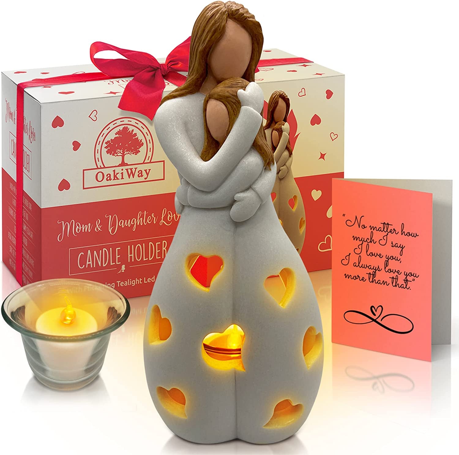 Gifts for Mom from Daughter, Mothers Day Present - Candleholder Statue W/Flickering LED - Birthday Gift for Daughters, Christmas Moms Unique Gift Ideas, +Greeting Card, Seasonal Décor (Light Brown)