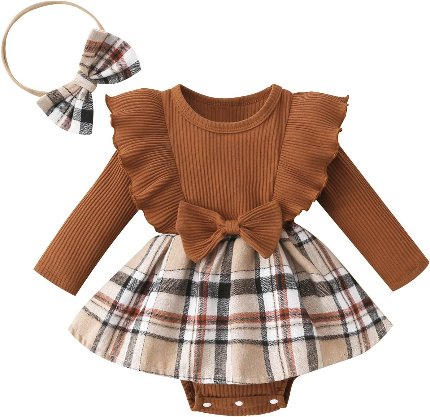 Toddler Baby Girl Fall Winter Outfit Set Plaid Romper Dress Ruffles Long Sleeve Clothes Jumpsuit with Bow Headband