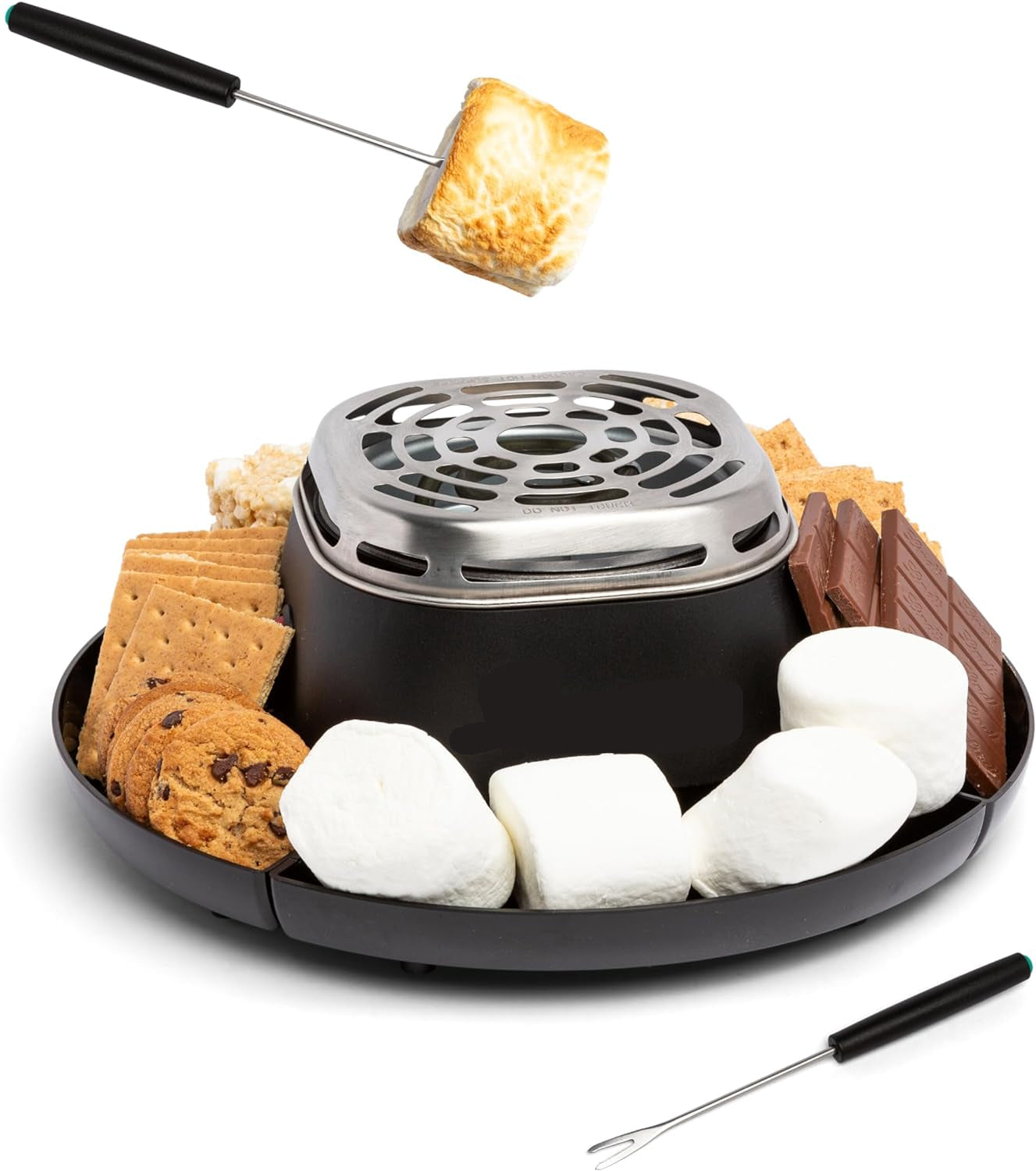 Tabletop Indoor Electric S'Mores Maker - Smores Kit with Marshmallow Roasting Sticks and 4 Trays for Graham Crackers, Chocolate, and Marshmallows - Movie Night Supplies - Black