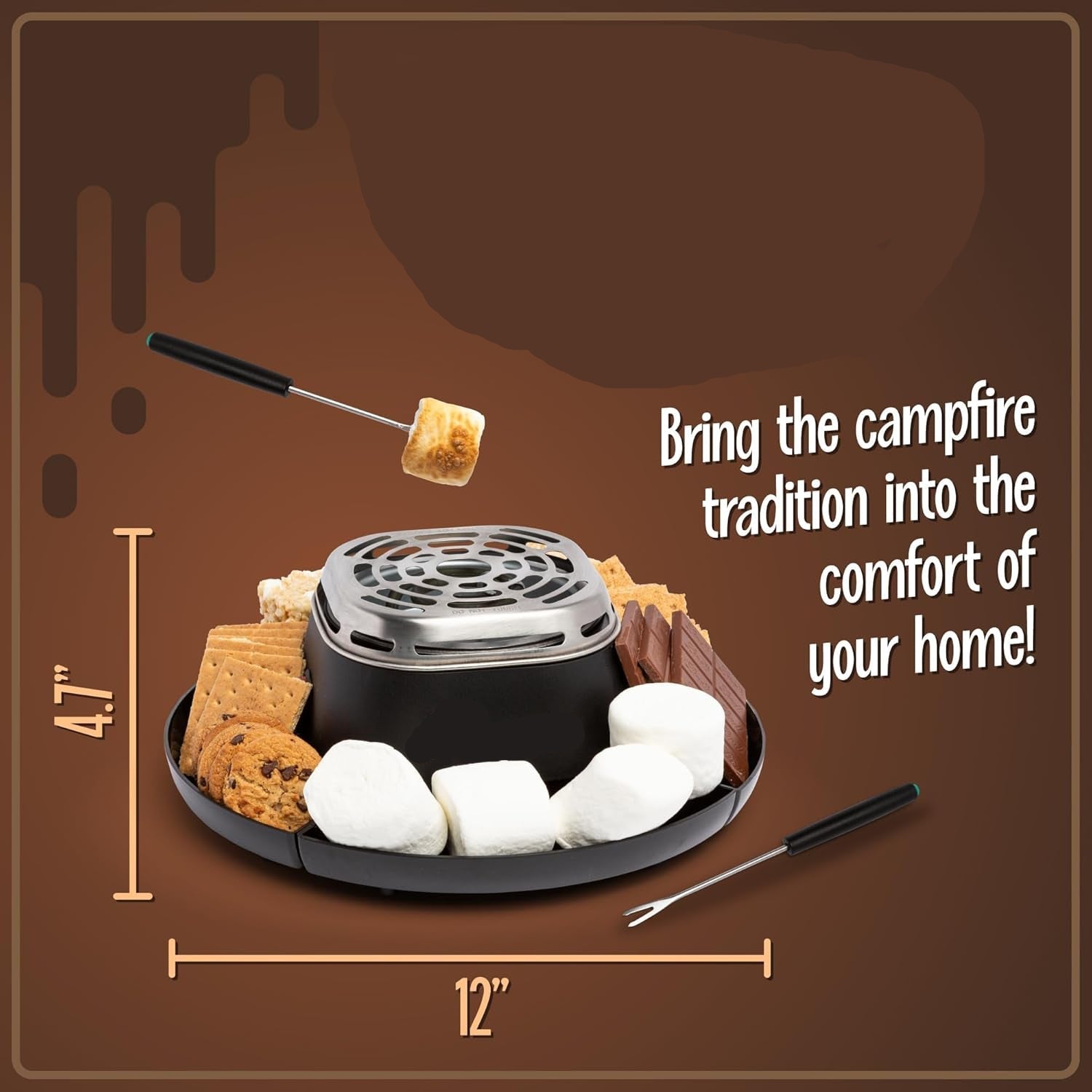 Tabletop Indoor Electric S'Mores Maker - Smores Kit with Marshmallow Roasting Sticks and 4 Trays for Graham Crackers, Chocolate, and Marshmallows - Movie Night Supplies - Black