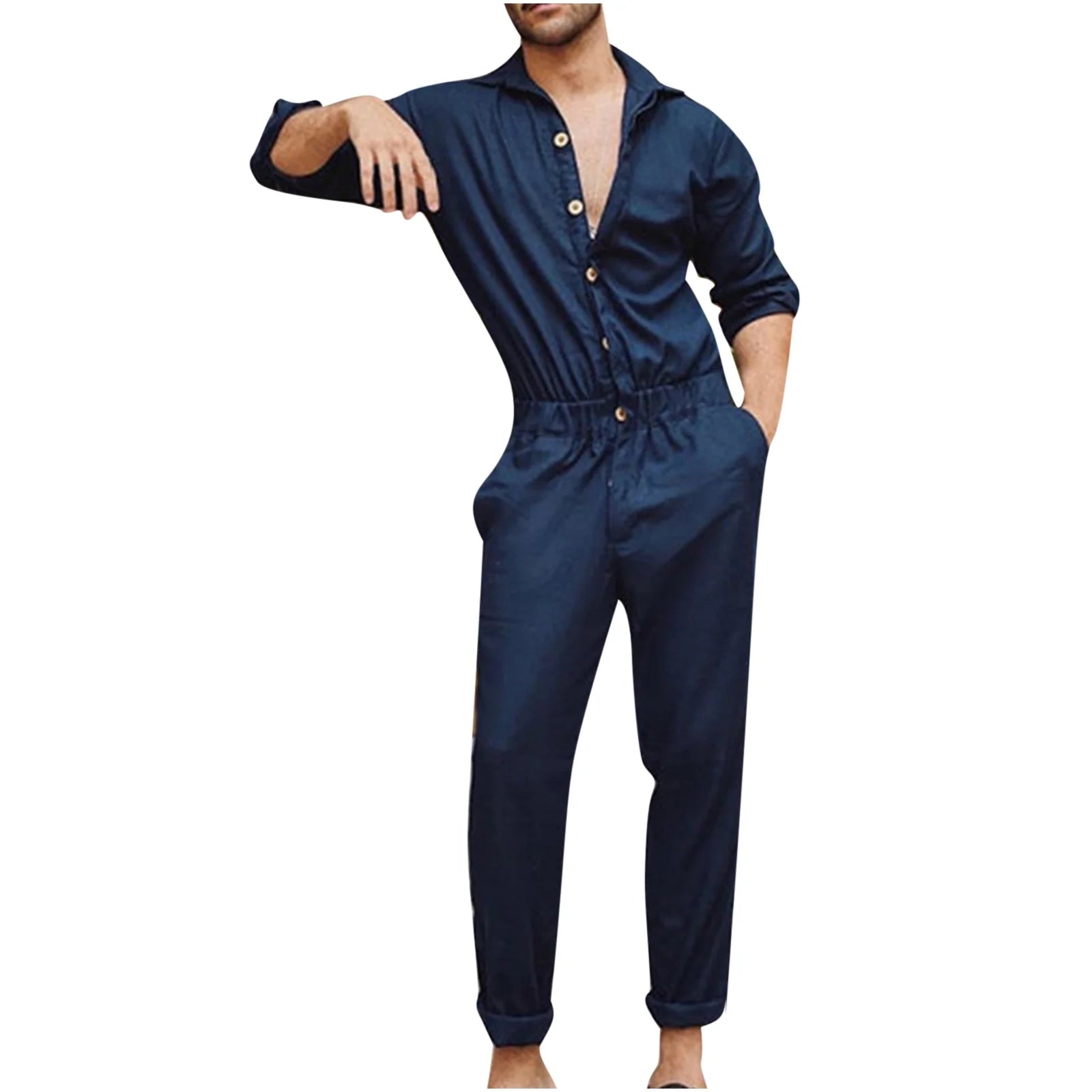 Men'S Fashion Cargo Jumpsuit Solid Color Long Sleeve Lapel Mens Wear Dark Blue Size M