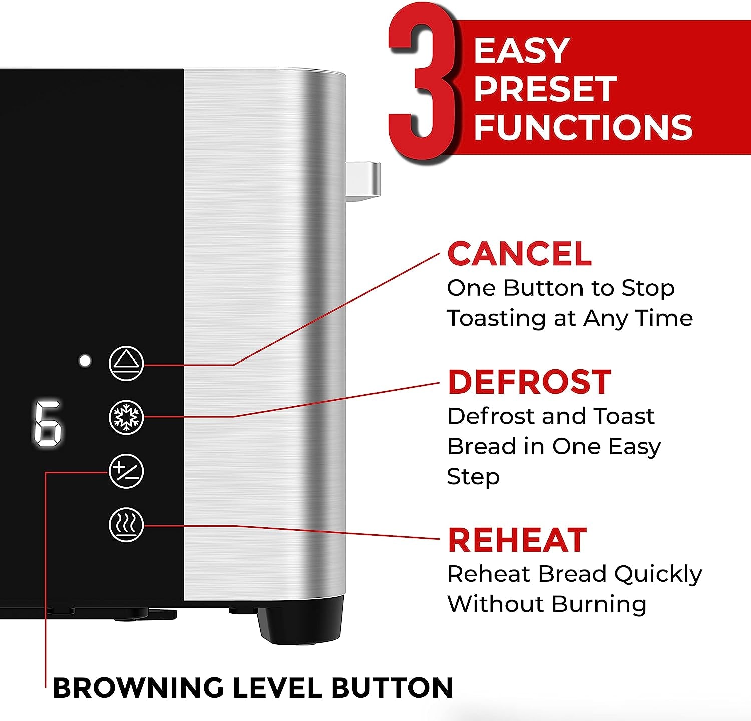 Ultratoast Full Stainless Steel Toaster 4 Slice, Long Extra-Wide Slots with Removable Tray, Cancel/Defrost/Reheat Functions, 6 Browning Levels with LED Display, Kitchen Essentials & Gadgets