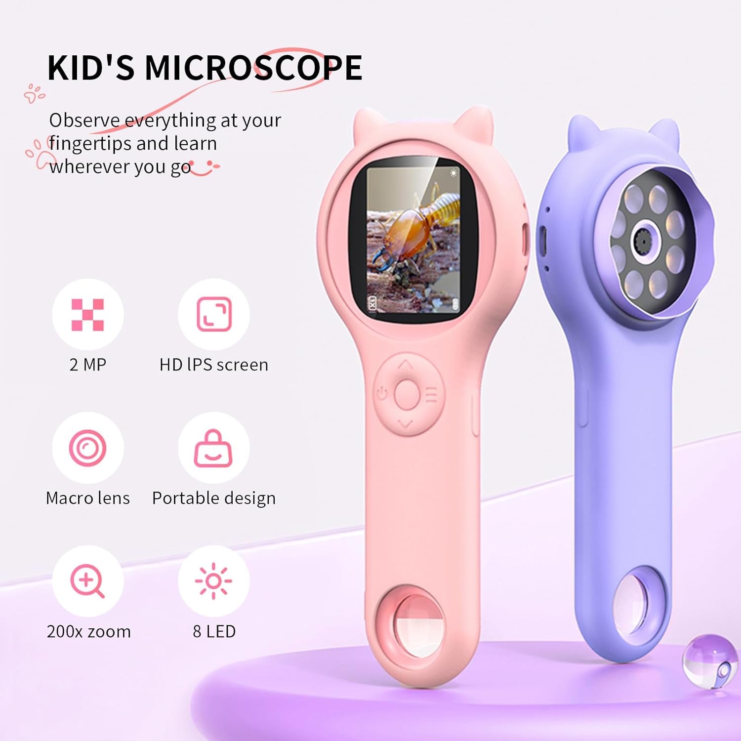 Microscope for Kids - Mini Pocket Handheld Microscope for Toddlers-Educational Science Kit Toys for Christmas Birthday Gifts Toys for 3 4 5 6 7 8 9 10 Year Old Girls（Purple）