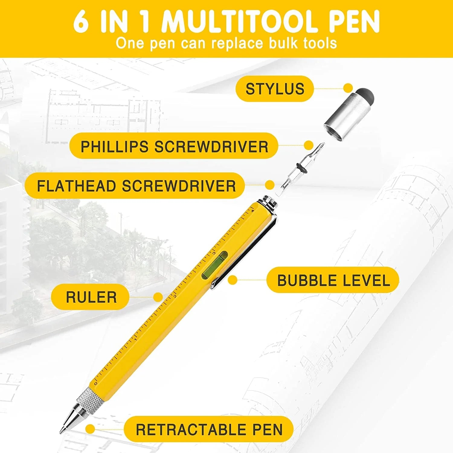 Multitool Pen Tools Cool Gadgets for Men - Stylus, Ruler, Level, Screwdriver - Stocking Stuffers Christmas Gifts for Men - Birthday Gifts for Dad Boyfriend Husband Him Friend Handyman - Yellow