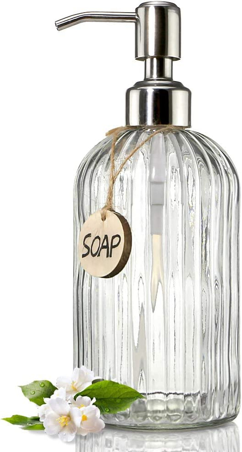 18 Oz Clear Glass Soap Dispenser with Rust Proof Stainless Steel Pump, Refillable Liquid Hand Soap Dispenser for Bathroom, Premium Kitchen Soap Dispenser (Clear).