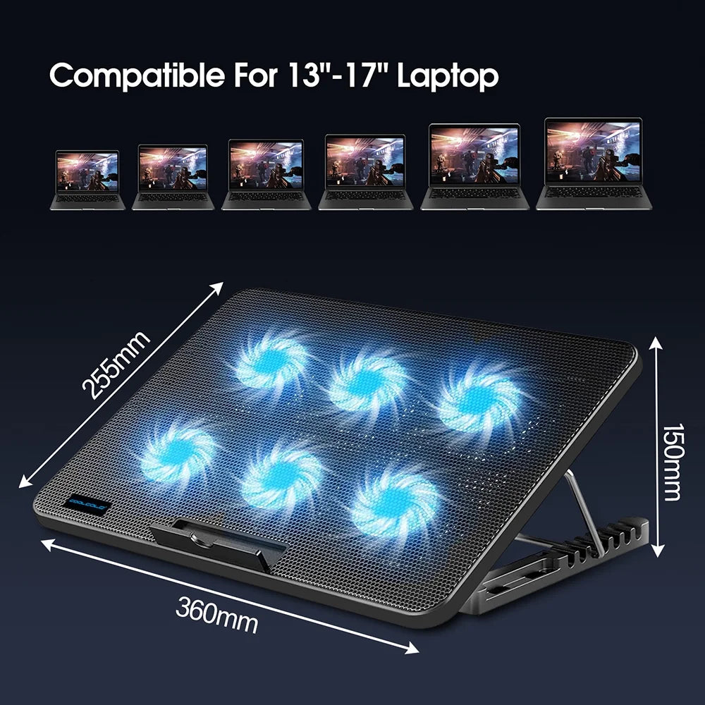 15.6-17.3Inch Laptop Cooling Pad with 6 Quiet Fans,7 Height & Wind Speed Adjustable, 2 USB Port Laptop Cooer with Mobile Phone Holde