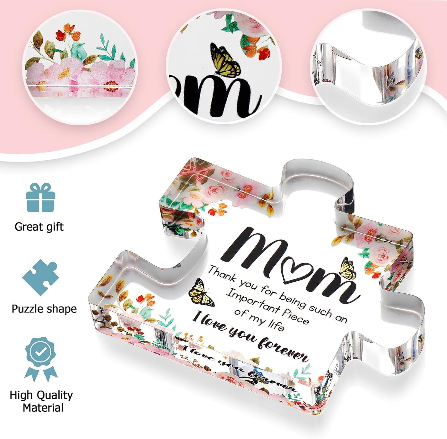 Gifts for Mom - Cute Engraved Acrylic Block Puzzle Piece - Adorable Mum Gift from Son, Daughter - Fun Christmas, Mothers Day, Retirement Gift Idea - Fancy Decoration Piece for Home, Office