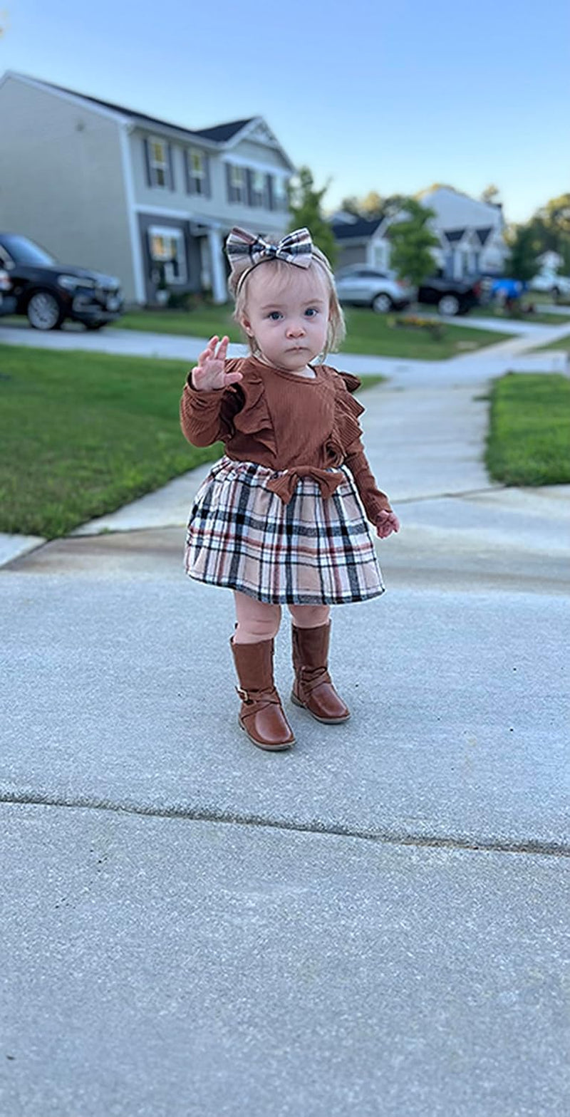 Toddler Baby Girl Fall Winter Outfit Set Plaid Romper Dress Ruffles Long Sleeve Clothes Jumpsuit with Bow Headband