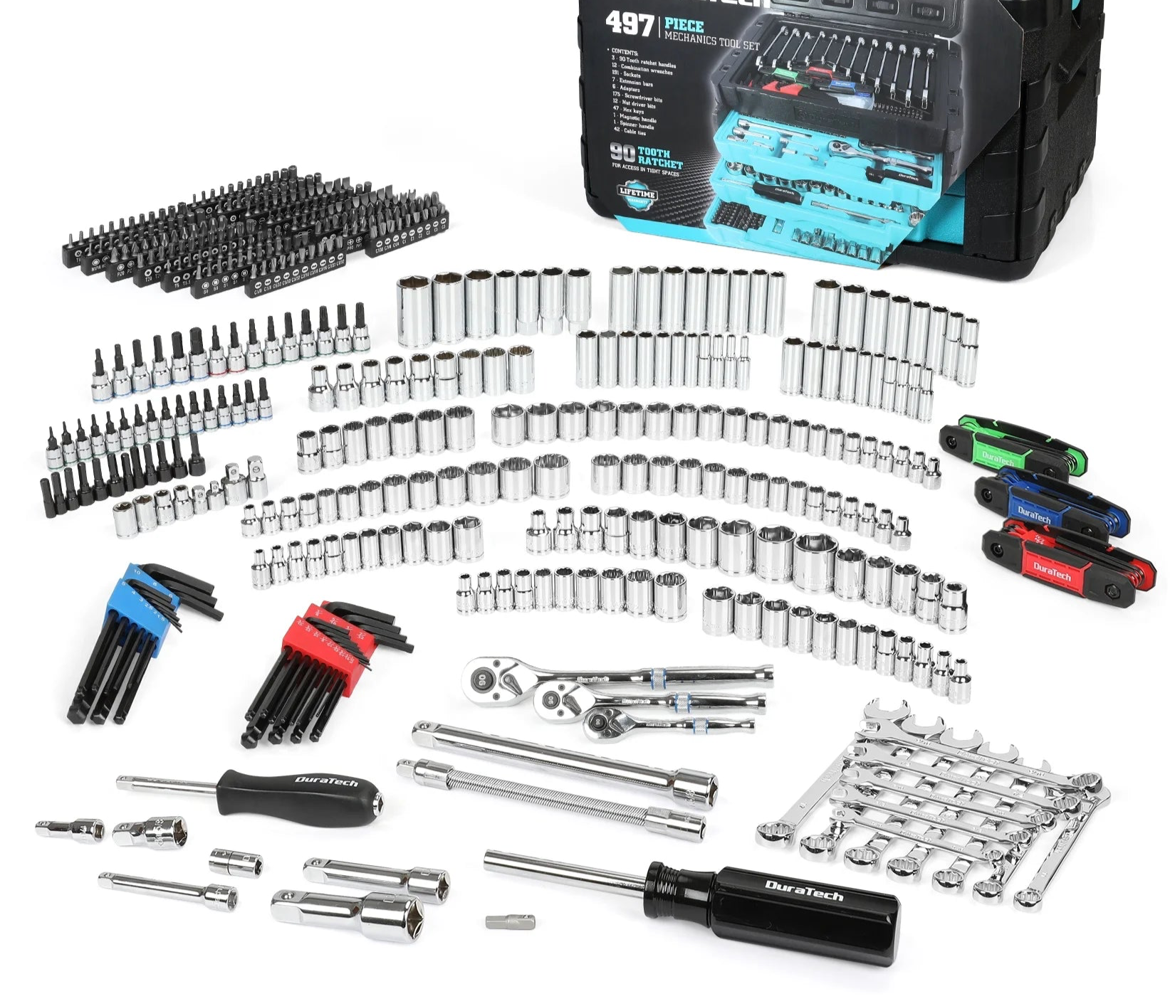 497-Piece Mechanics Tool Set, Include Sae/Metric Sockets, 90-Tooth Ratchet and Wrench Set in 3 Drawer Tool Box