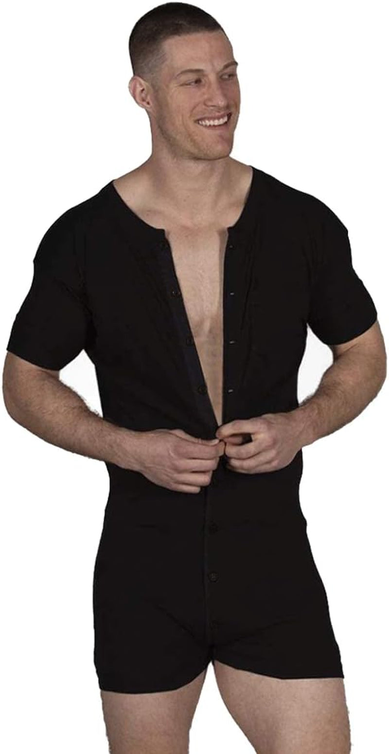 Mens Short Sleeve Onesie Henley Jumpsuit Pajamas Stretchy Cotton One Piece Garment