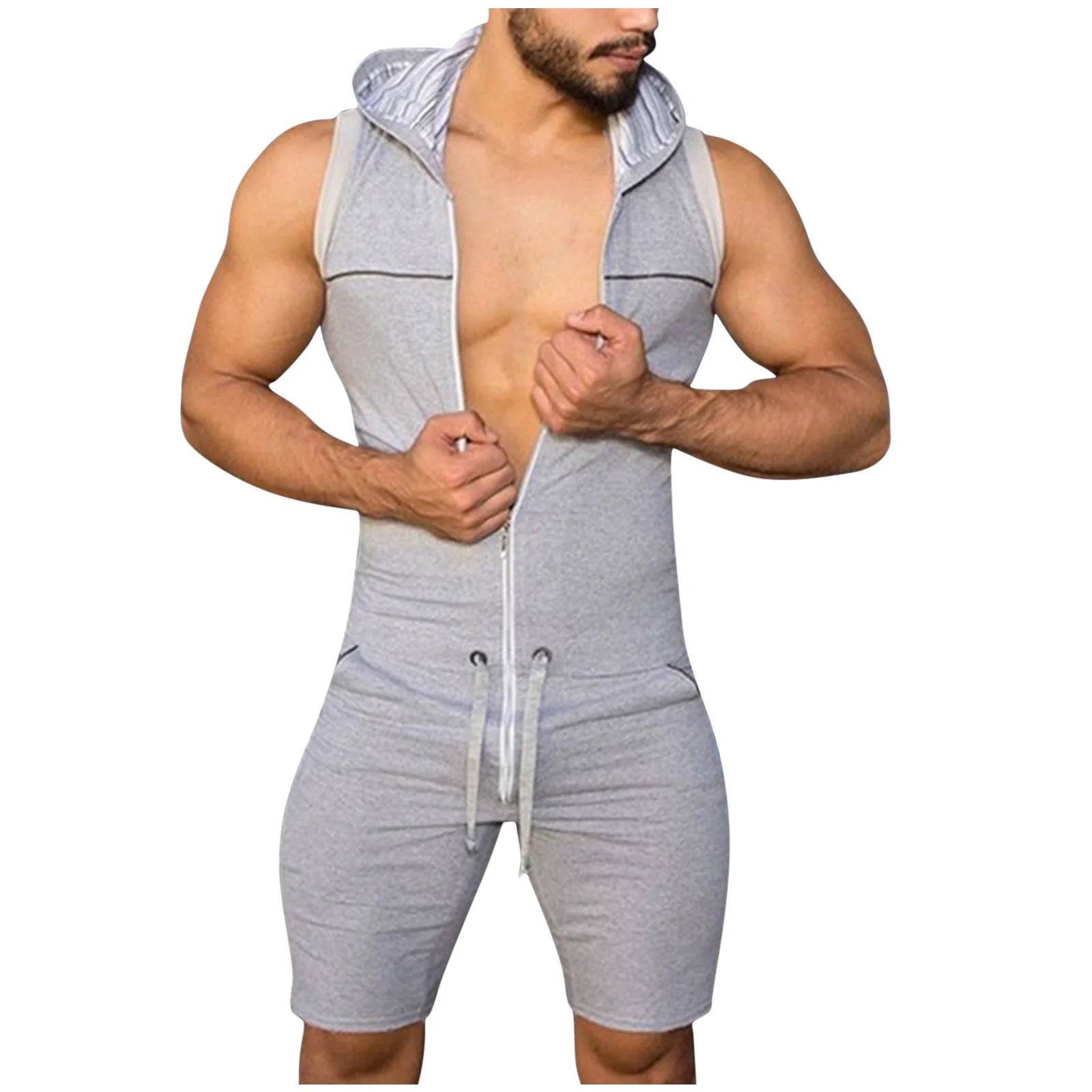 Mensshort Jumpsuit Clearance Solid Sports Bib Pants Coverall Drawstring Pants Elasticity Bodysuit One-Piece Leotard Cargo Shorts for Men Golf Pants Men Stretch Short Jumpsuit,Gray,Xxl