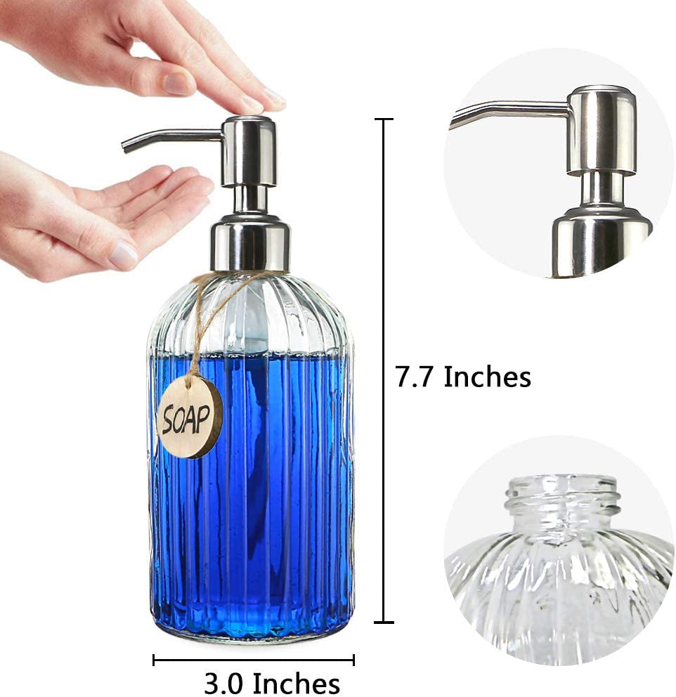 18 Oz Clear Glass Soap Dispenser with Rust Proof Stainless Steel Pump, Refillable Liquid Hand Soap Dispenser for Bathroom, Premium Kitchen Soap Dispenser (Clear).