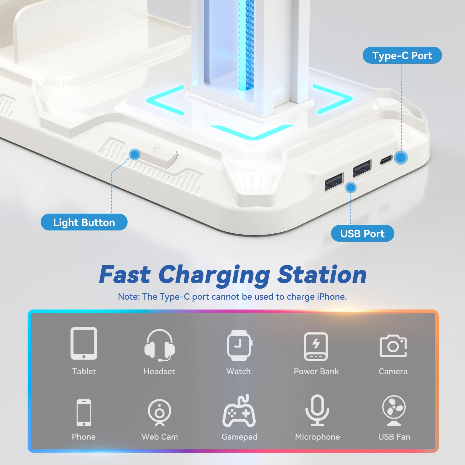 Upgraded  Headset Stand with Charging Station - Detachable Controller Holder with 9 Light Modes - Rotatable Headphone Hanger with USB A&C Charger Ports - Earphone Hook for PC Gaming Accessories Storage