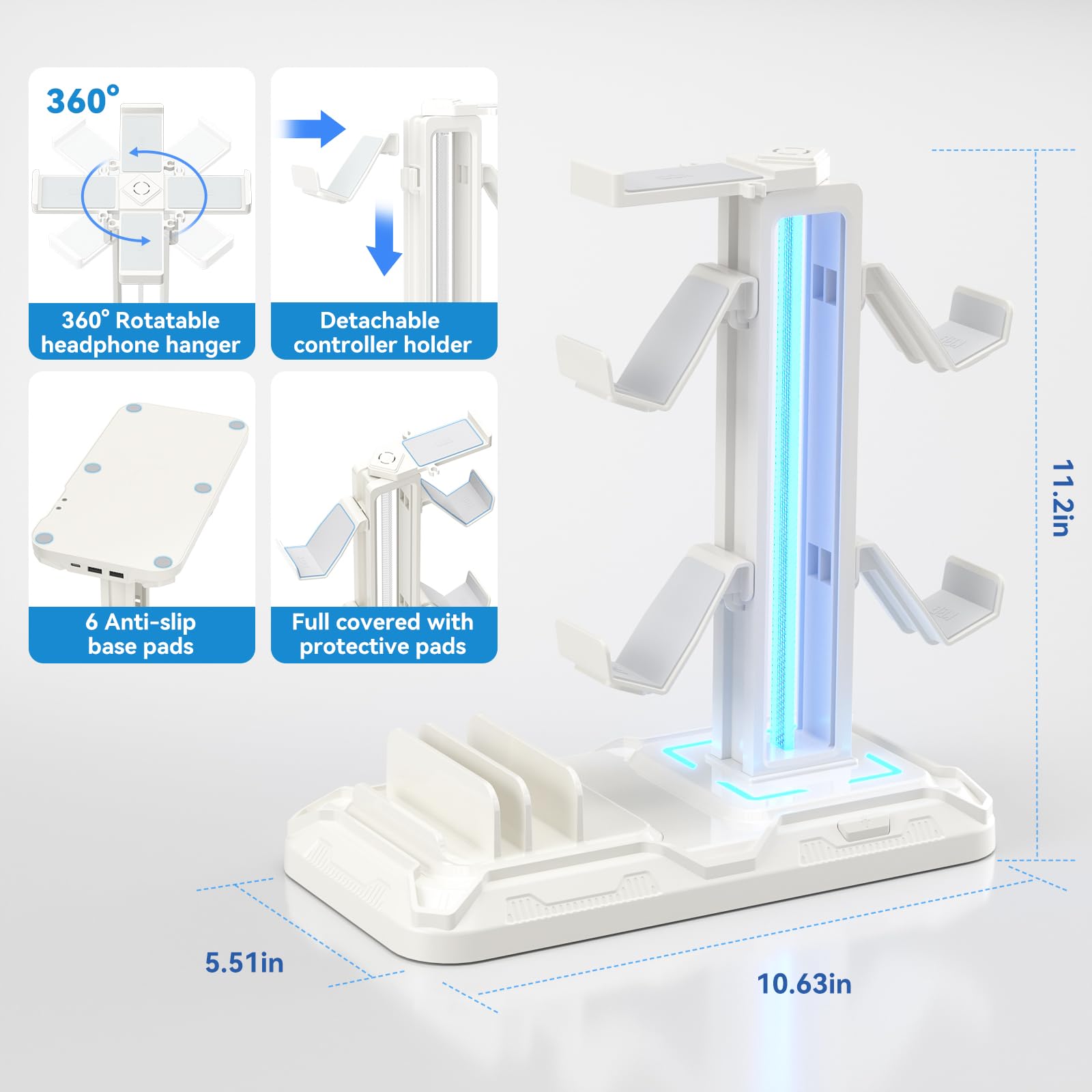 Upgraded  Headset Stand with Charging Station - Detachable Controller Holder with 9 Light Modes - Rotatable Headphone Hanger with USB A&C Charger Ports - Earphone Hook for PC Gaming Accessories Storage