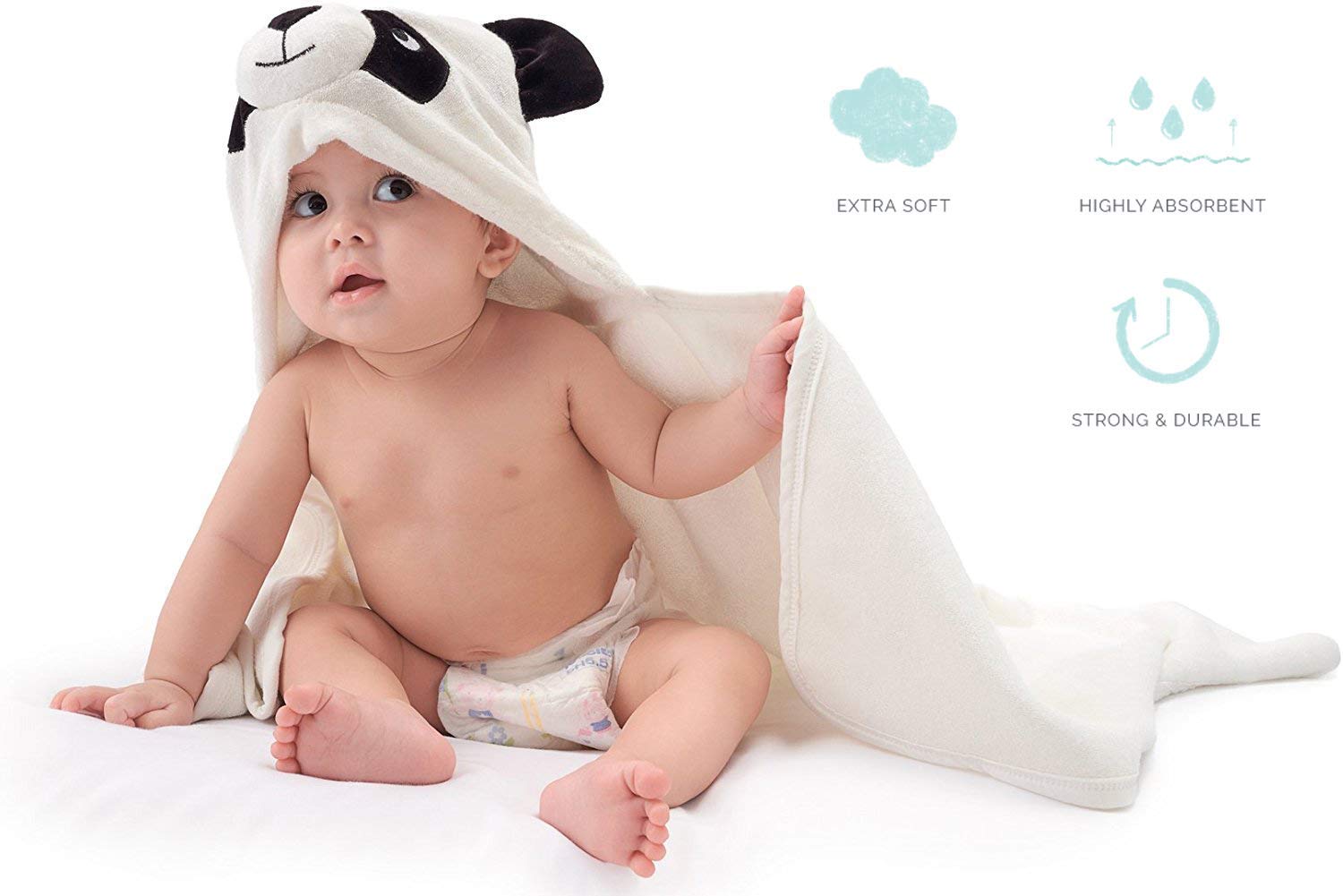 HIPHOP PANDA Hooded Towel - Rayon Made from Bamboo, Bath Towel with Bear Ears for Newborn, Babie, Toddler, Infant - Absorbent Large Baby Towel - Panda, 30 x 30 Inch