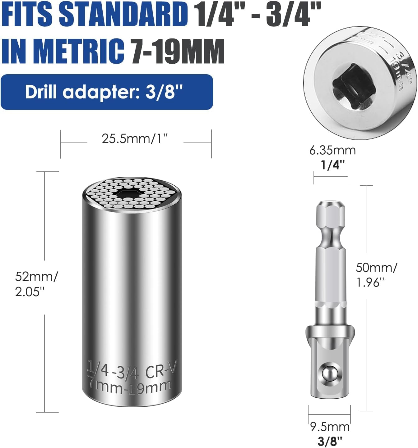 Universal Socket Set (11-32Mm 7-19Mm) Super Socket for Unscrew Any Bolt Multi-Function Universal Socket Tool Kit with Power Drill Adapters Gifts for Men, Father/Dad, Husband, DIY Handyman 4PCS