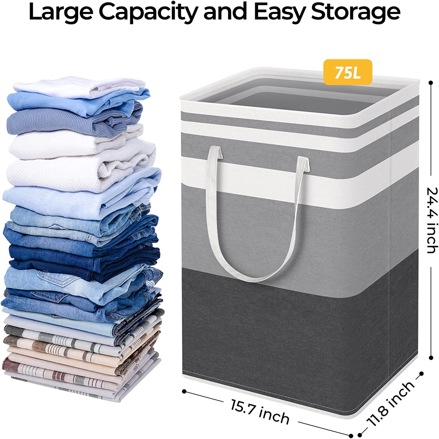 2-Pack Large Laundry Basket, Waterproof, Freestanding Laundry Hamper, Collapsible Tall Clothes Hamper with Extended Handles for Clothes Toys in the Dorm and Family-(Gradient Grey, 75L)