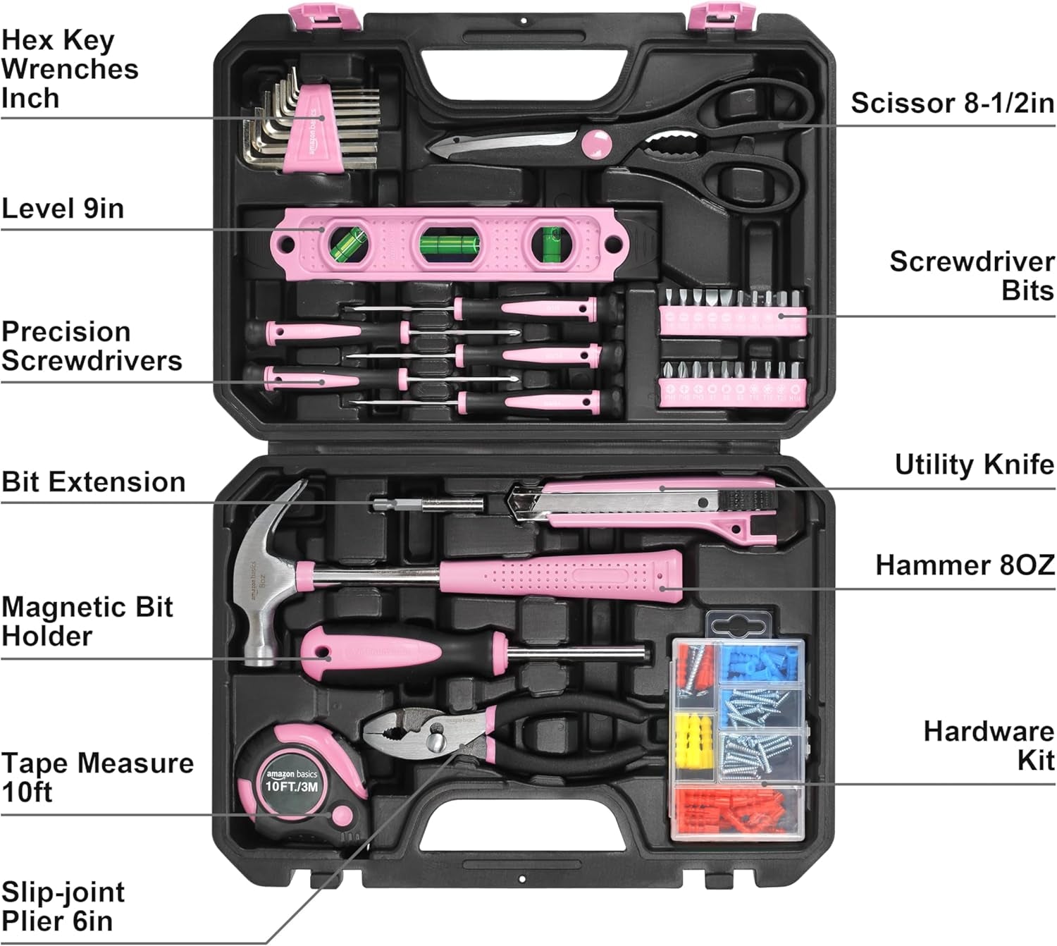 DIY Household Tool Set with Storage Case, 142 Piece, Pink, 13.39 X 9.25 X 2.95 Inch