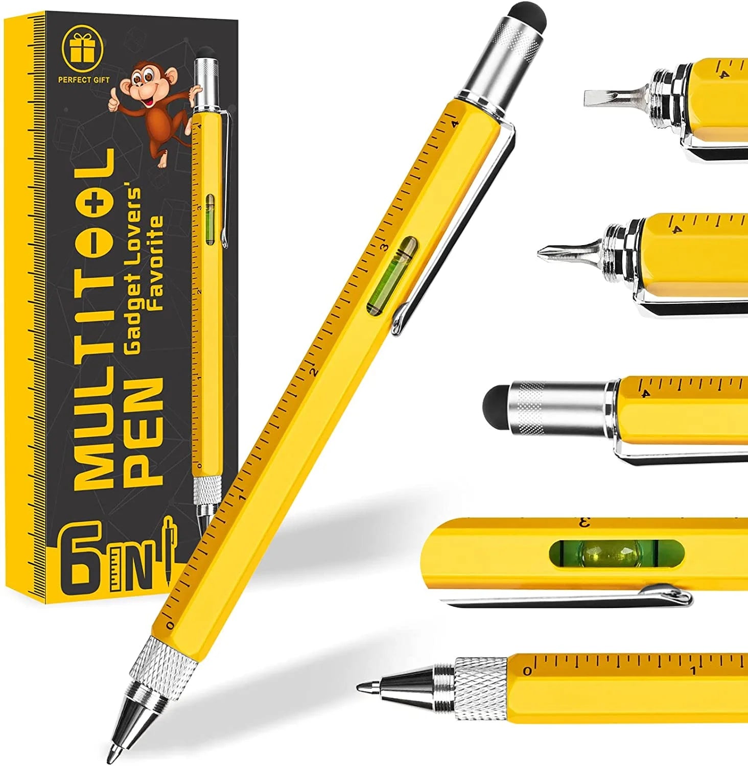 Multitool Pen Tools Cool Gadgets for Men - Stylus, Ruler, Level, Screwdriver - Stocking Stuffers Christmas Gifts for Men - Birthday Gifts for Dad Boyfriend Husband Him Friend Handyman - Yellow