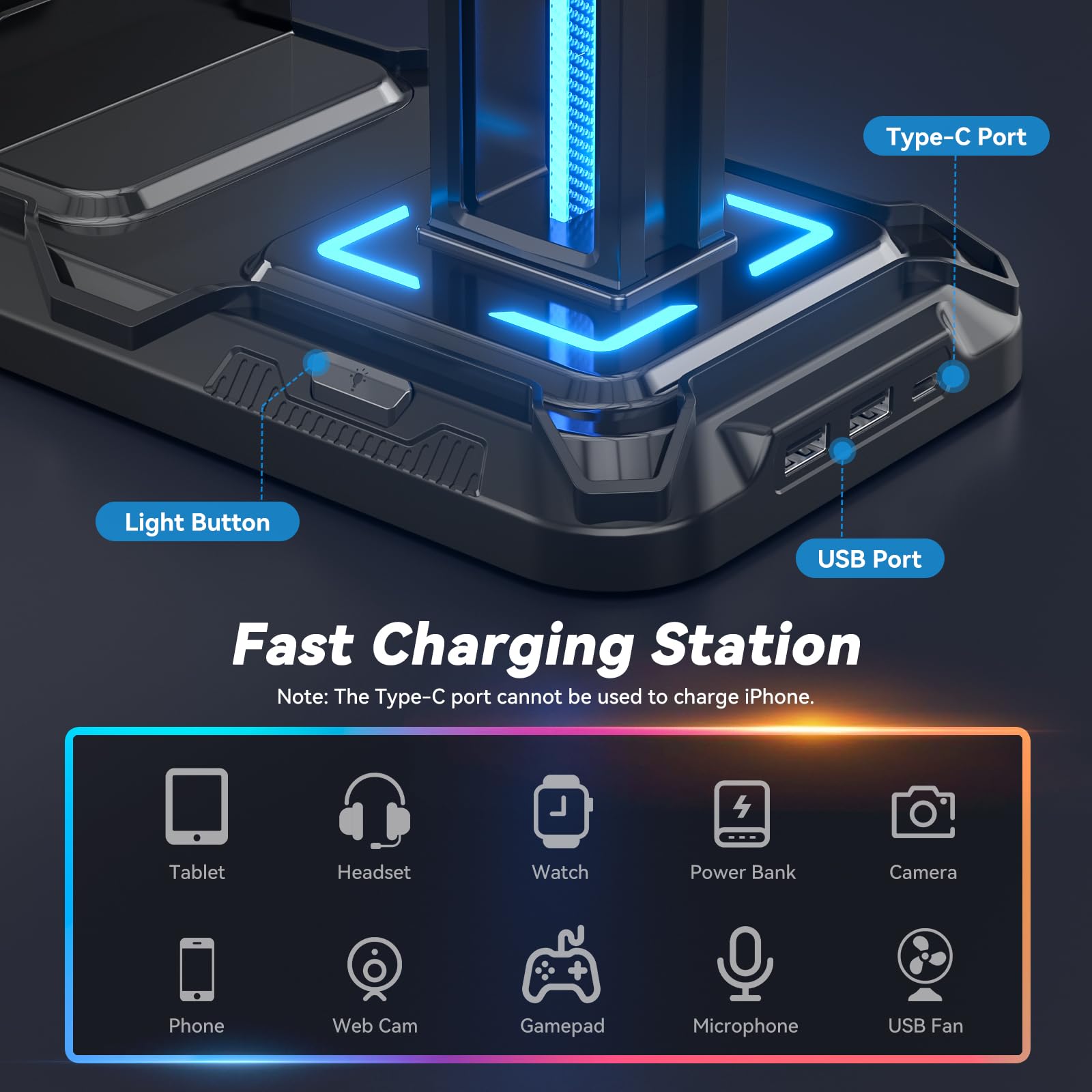 Upgraded  Headset Stand with Charging Station - Detachable Controller Holder with 9 Light Modes - Rotatable Headphone Hanger with USB A&C Charger Ports - Earphone Hook for PC Gaming Accessories Storage