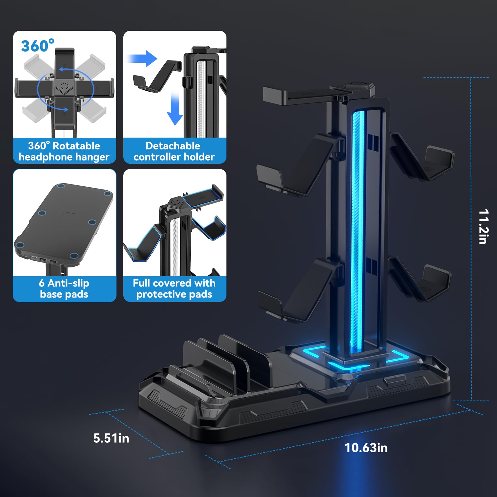 Upgraded  Headset Stand with Charging Station - Detachable Controller Holder with 9 Light Modes - Rotatable Headphone Hanger with USB A&C Charger Ports - Earphone Hook for PC Gaming Accessories Storage