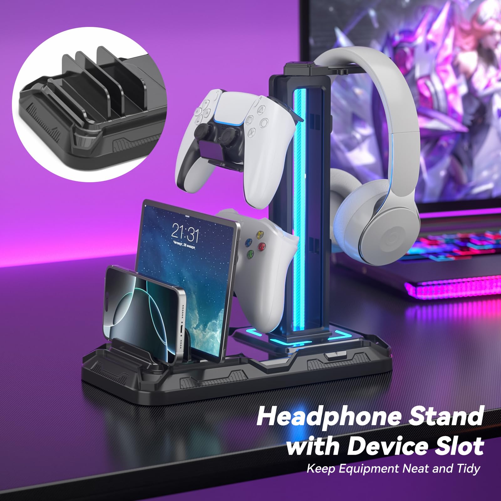 Upgraded  Headset Stand with Charging Station - Detachable Controller Holder with 9 Light Modes - Rotatable Headphone Hanger with USB A&C Charger Ports - Earphone Hook for PC Gaming Accessories Storage