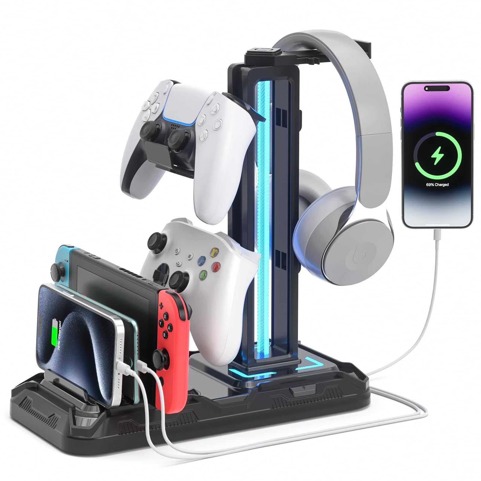 Upgraded  Headset Stand with Charging Station - Detachable Controller Holder with 9 Light Modes - Rotatable Headphone Hanger with USB A&C Charger Ports - Earphone Hook for PC Gaming Accessories Storage