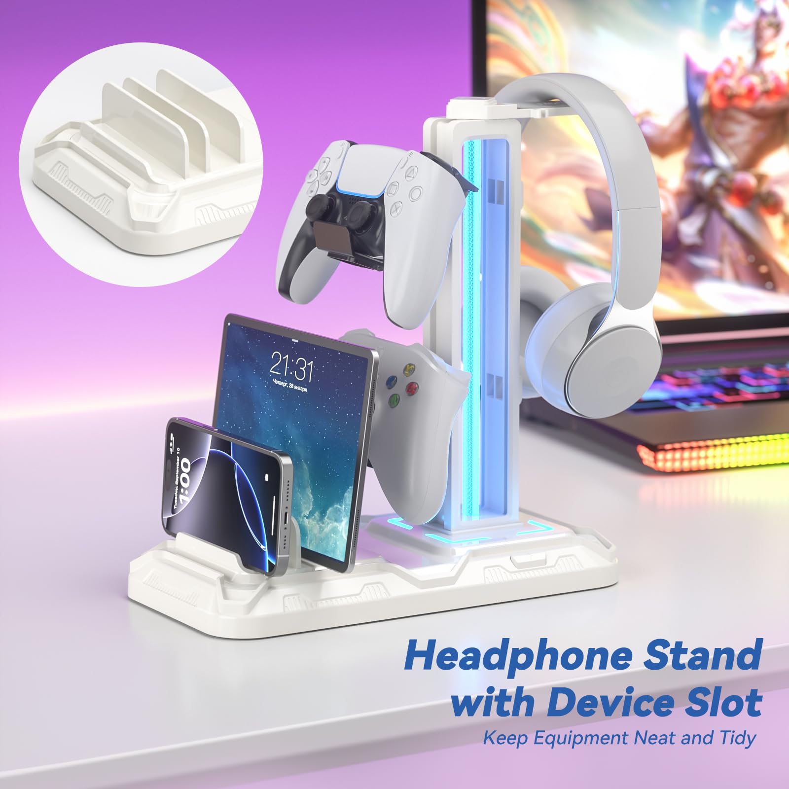 Upgraded  Headset Stand with Charging Station - Detachable Controller Holder with 9 Light Modes - Rotatable Headphone Hanger with USB A&C Charger Ports - Earphone Hook for PC Gaming Accessories Storage