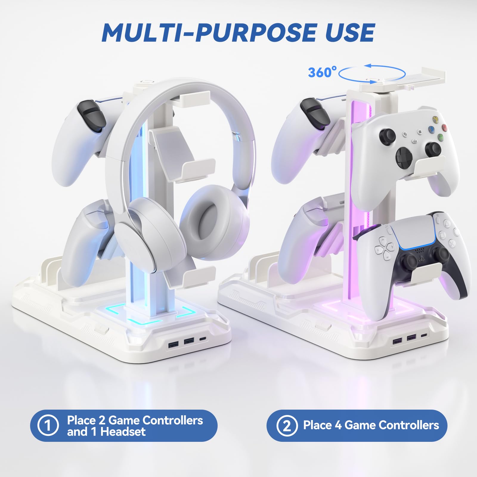 Upgraded  Headset Stand with Charging Station - Detachable Controller Holder with 9 Light Modes - Rotatable Headphone Hanger with USB A&C Charger Ports - Earphone Hook for PC Gaming Accessories Storage