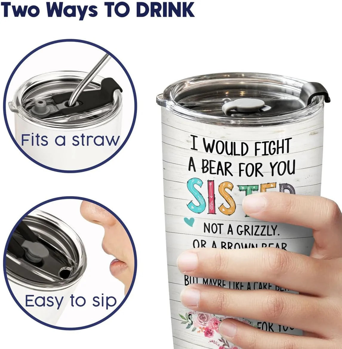 Sisters Gifts from Sister, Lil Sister Tumbler with Lid 20 Oz Stainless Steel, I Would Fight a Bear for You Sister Mug, Lil Sister Birthday Gifts, Cousin Gifts