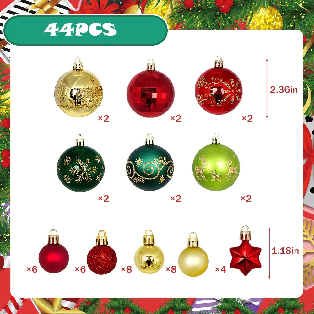 Christmas Balls Ornaments for Christmas Decorations 44 Pcs Xmas Christmas Tree Shatterproof Ornaments Set for Holiday Wedding Party Decoration (1.18"-2.36", Gold, Red, Green)