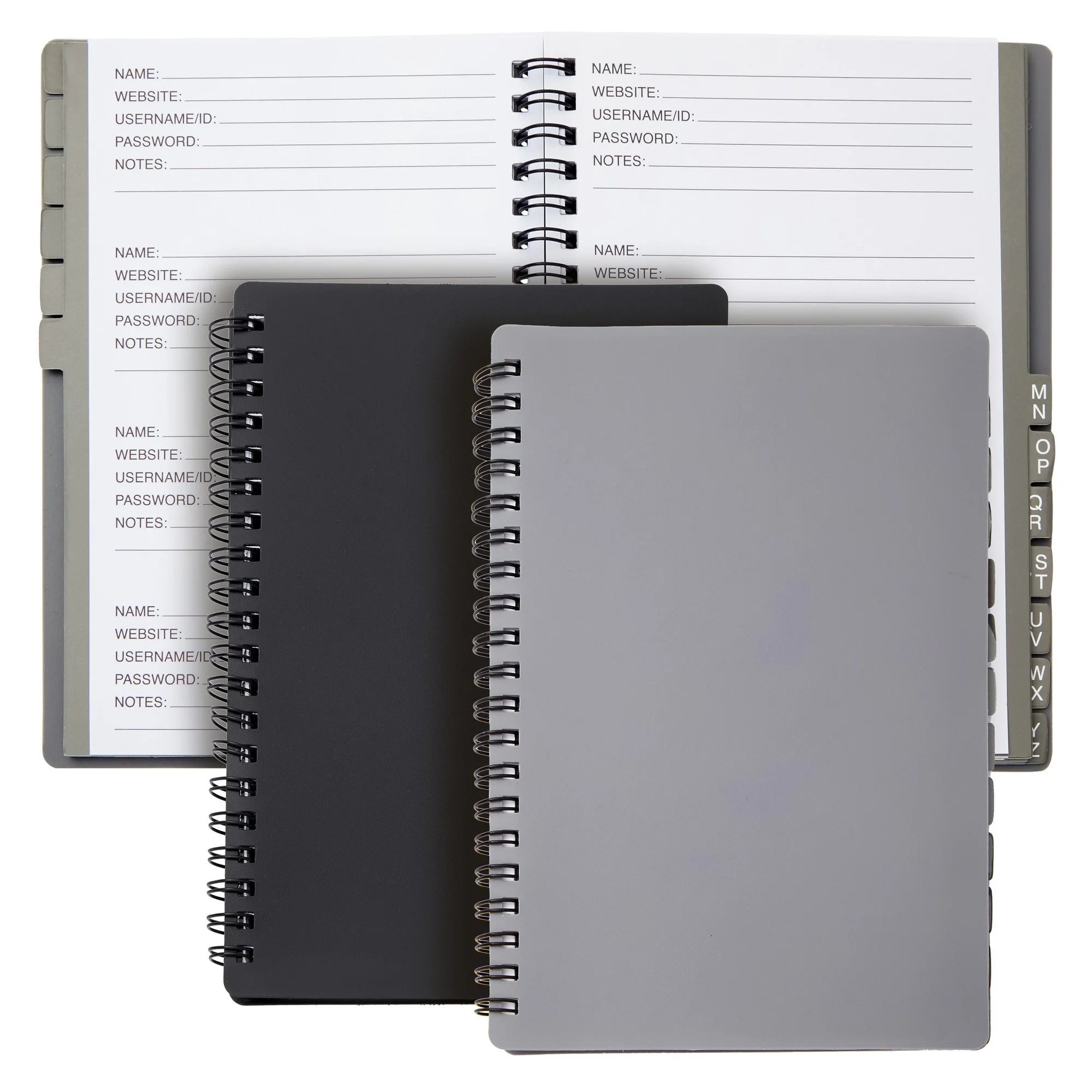 2-Pack Spiral Password Keeper Book with Alphabetical Tabs, Password Notebook for Internet and Computer Login, Username, Passwords for Home, Office, Gray/Black (80 Lined Pages, 5X7 In)