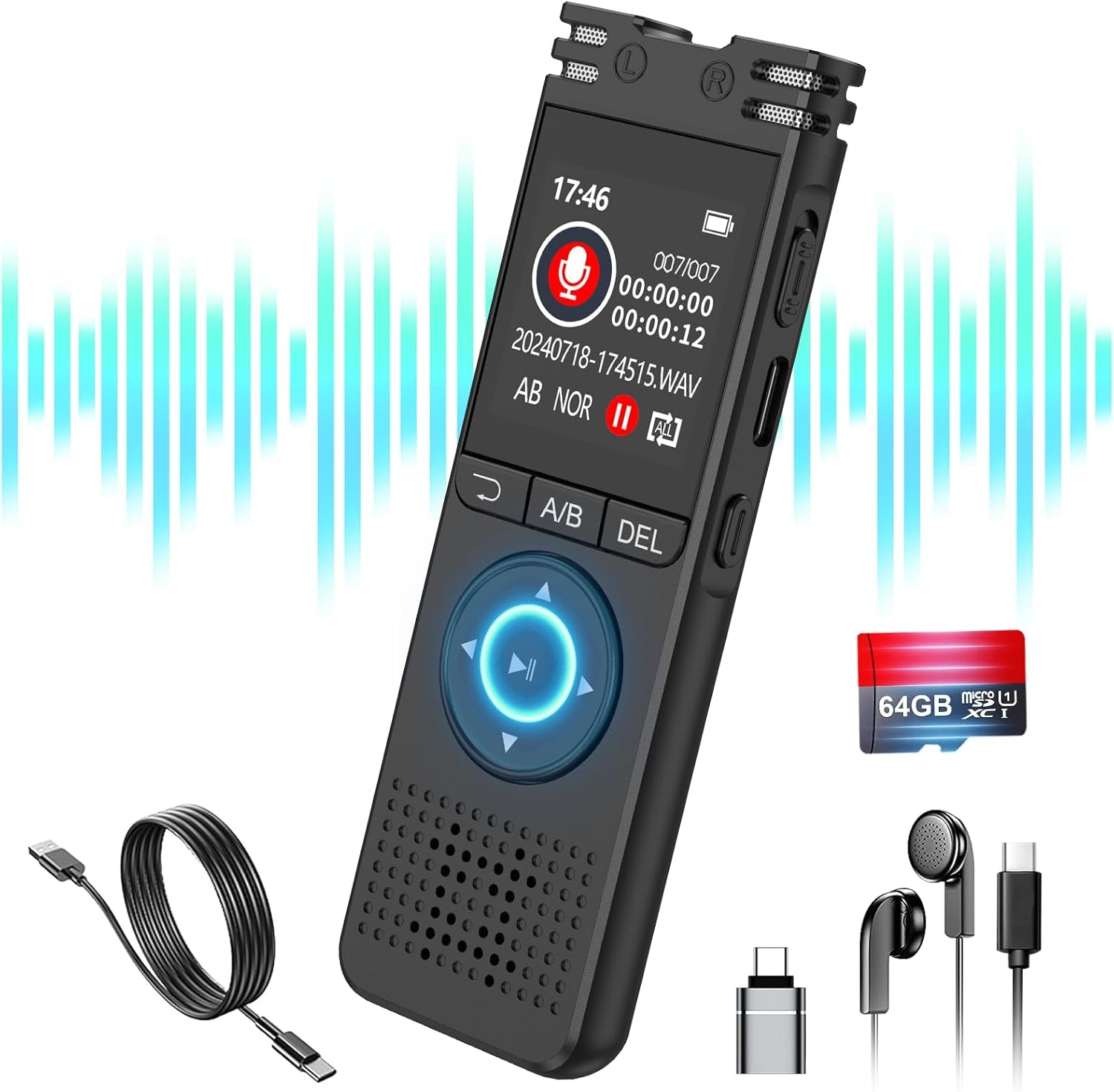 64GB Digital Voice Recorder with Playback -  Voice Activated Recorder【7000 Hours】, One Click Large Screen Sound Audio Recorder Recording Tape for Interviews/Meeting/Classes