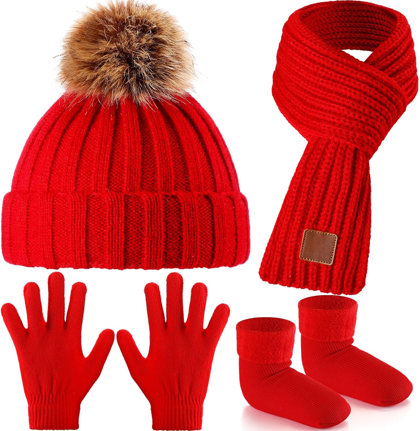 4 Pieces Kids Beanie Hat Scarf Gloves Socks Set Knit Winter Warm Set for Toddler Boys Girls