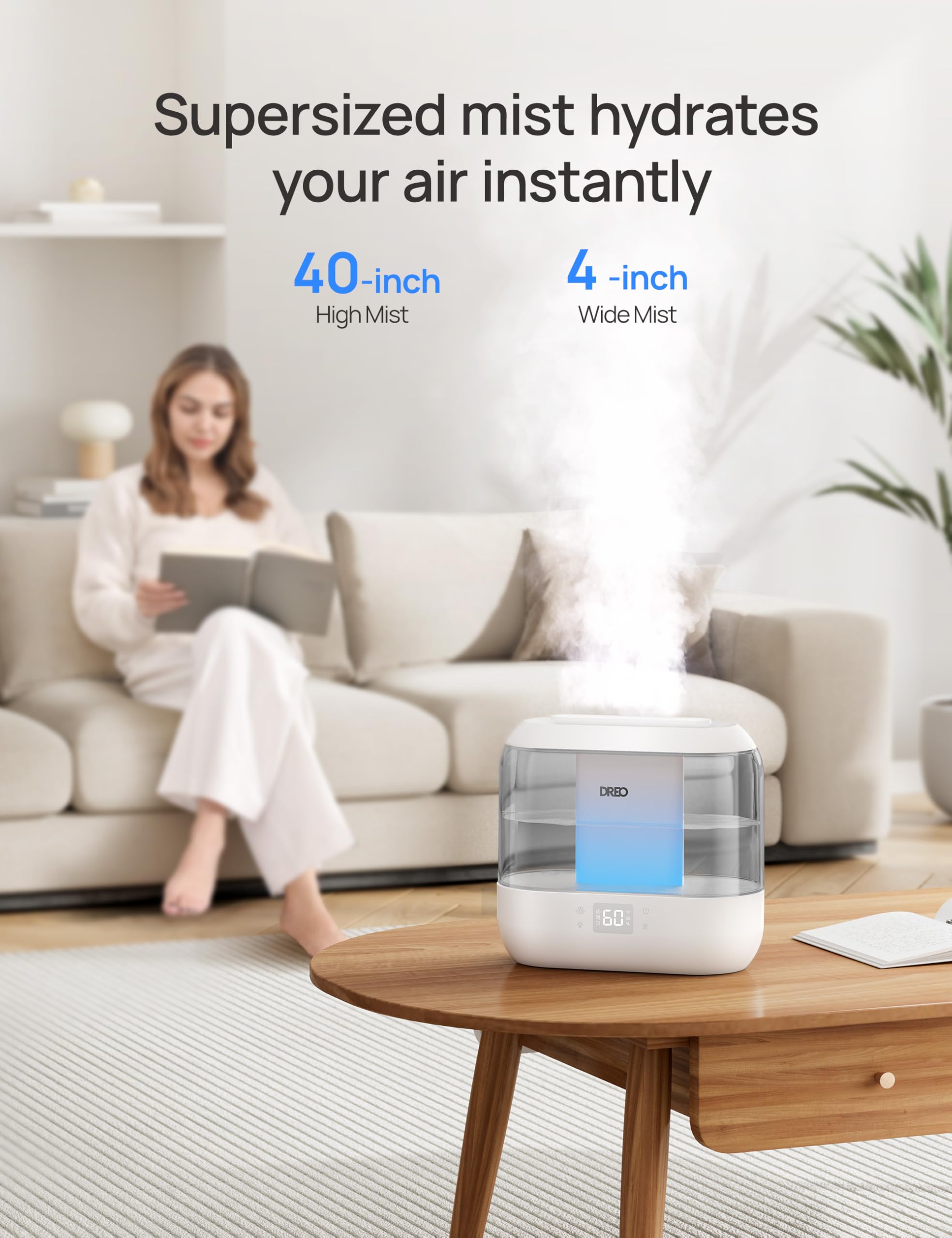 Dreo Smart Humidifiers for Bedroom, Top Fill 4L Cool Mist Humidifier with Nightlight, 32H Runtime, Touch/APP/Voice Control, Quiet Ultrasonic Humidifiers for Large Room, Home, Baby, Plants, Office